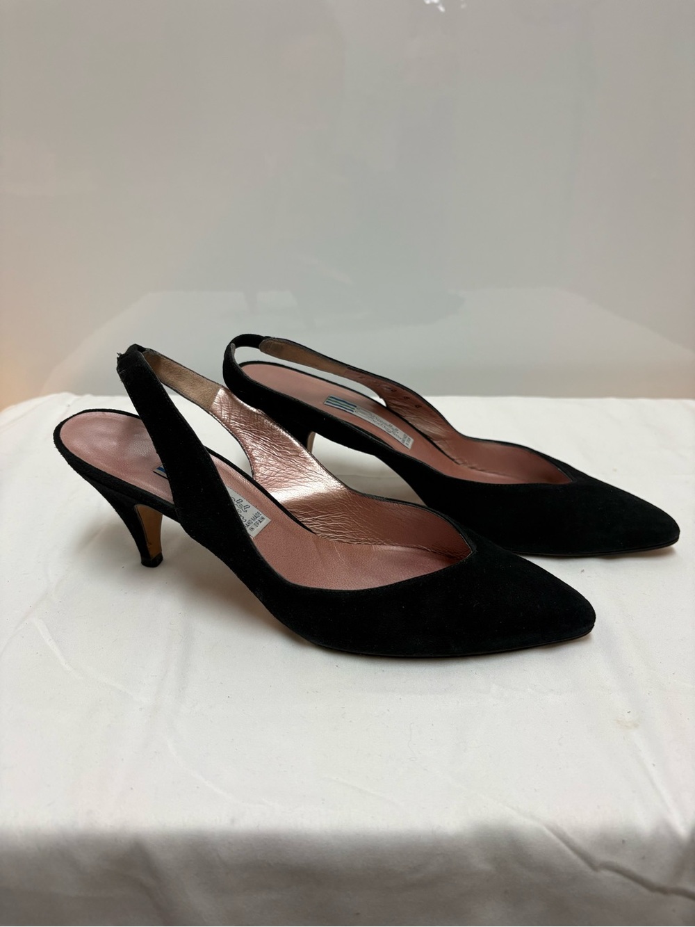 Rare Vintage Arnold Churgin Black Suede Slingback Heels Handmade in Spain Size 8